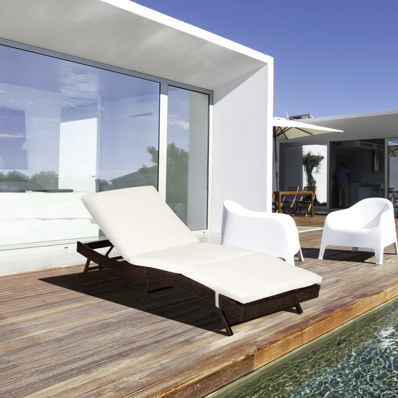 Outsunny Lettino a Sdraio da Giardino in Rattan Arredo Esterno Prendisole Regolabile con Cuscino Caffè Scuro 200 x 71 x 89cm
