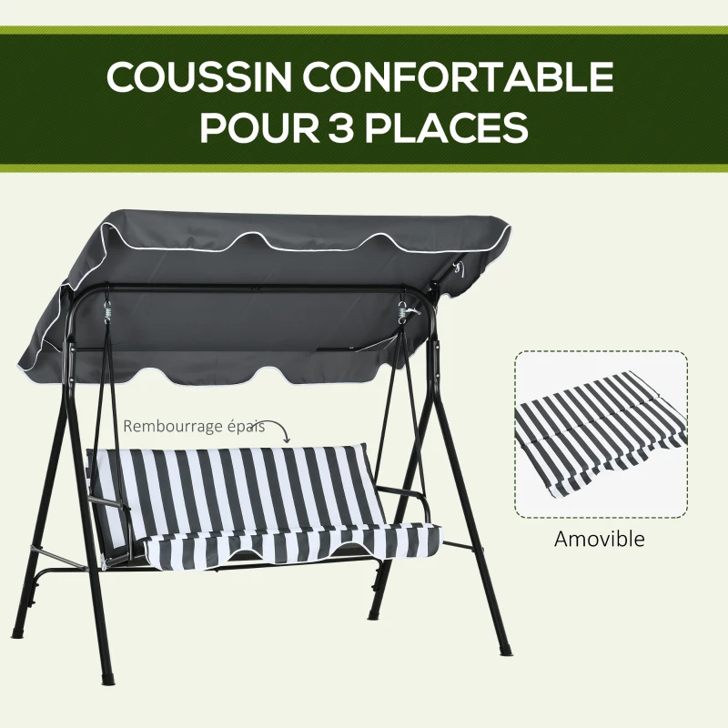 Outsunny Balancelle de jardin 3 places toit inclinaison réglable coussins 1,72 x 1,1 x 1,53 m acier noir polyester gris