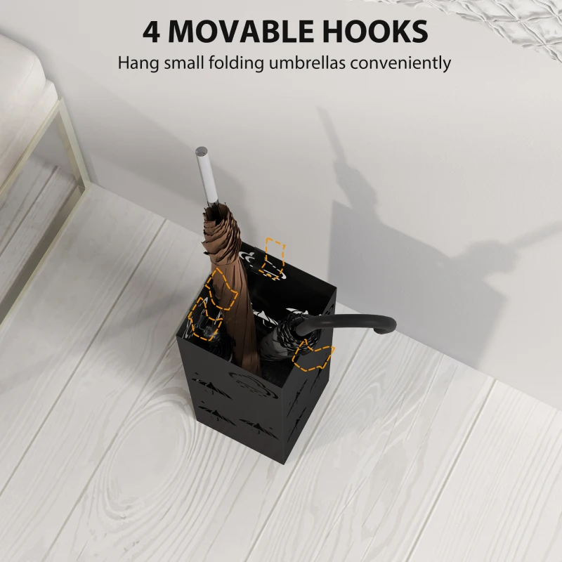 HOMCOM Metal Umbrella Stand, Square Umbrella Holder with Removable Drip Tray and 4 Hooks, Decorative Umbrella Storage Rack for Hallway, Entryway, 15.5 x 15.5 x 41 cm, Black