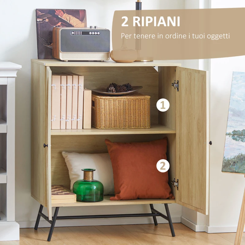 HOMCOM Credenza in Stile Boho con 2 Ante in Legno e Rattan, 80x39x101.8cm Naturale