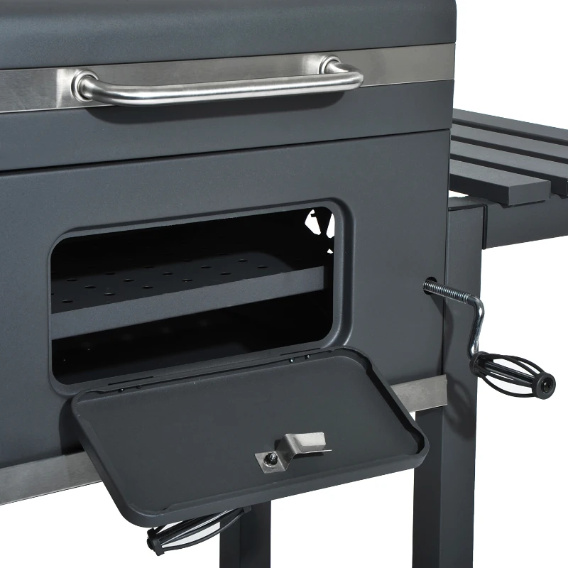 Griglia Barbecue 2 Griglie di Cottura 4 Palette Laterali 1 Cassetta Regolabile in Altezza 4 Comodi Gancini 2 Rotelle e 1 Maniglia Acciaio Inox e Ferro Grigio Certificato GS 115×56×108cm
