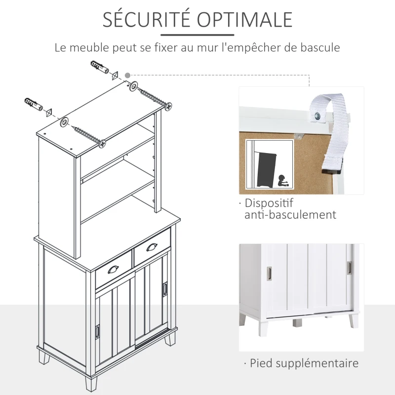 HOMCOM Buffet de cuisine armoire de cuisine multi-rangements 2 portes coulissantes 2 tiroirs 2 étagères + plateau blanc noir