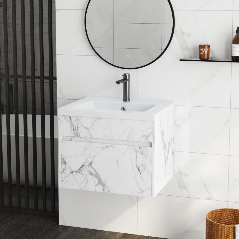 kleankin Meuble sous lavabo suspendu meuble de salle de bain avec bassin et tiroir design moderne 60 x 45,5 x 45 cm blanc