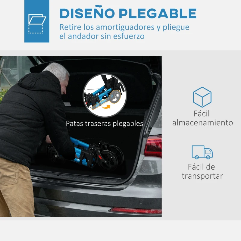 HOMCOM Andador para Ancianos Plegable de Aluminio con Asiento 4 Ruedas Altura Ajustable Frenos de Maneta Azul y Negro