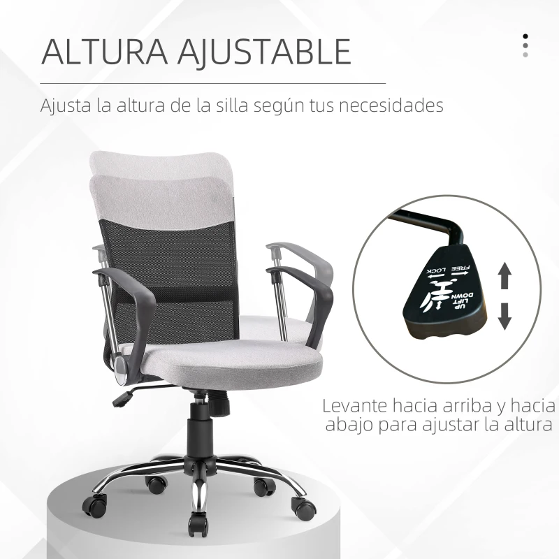 Vinsetto Silla de Oficina Ergonómica Silla de Escritorio Basculante y Giratoria con Altura Ajustable del Asiento Reposabrazos y Ruedas 60x66x91-101 cm Gris