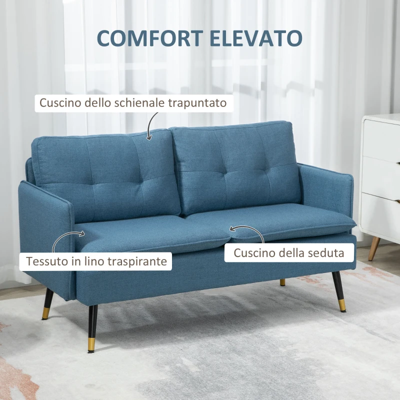 HOMCOM Divano 2 Posti in Tessuto con Cuscini Imbottiti e Gambe in Acciaio 139x68x80cm, Blu Scuro