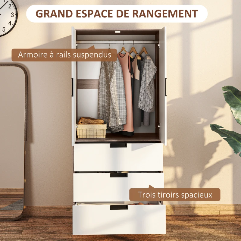 HOMCOM Armoire 2 portes, armoire moderne avec 3 tiroirs et tringle de suspension pour chambre à coucher, marron