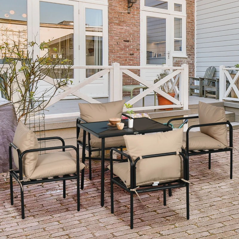 Outsunny Salon de jardin ensemble table et chaises 5 pièces 1 table à manger carrée et 4 chaises 4 coussins