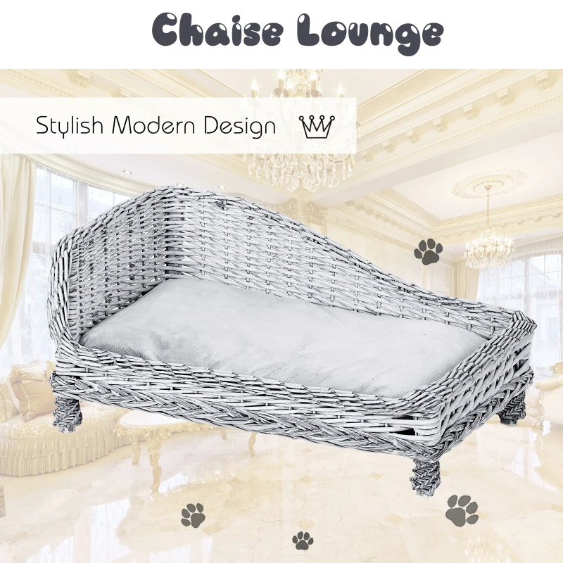 Pawhut Wicker Dog Cat Bed Kitten Lounger  Pet Bed Rattan Willow Basket Soft Cushion Lightweight 69 x 42 x 33 cm Grey