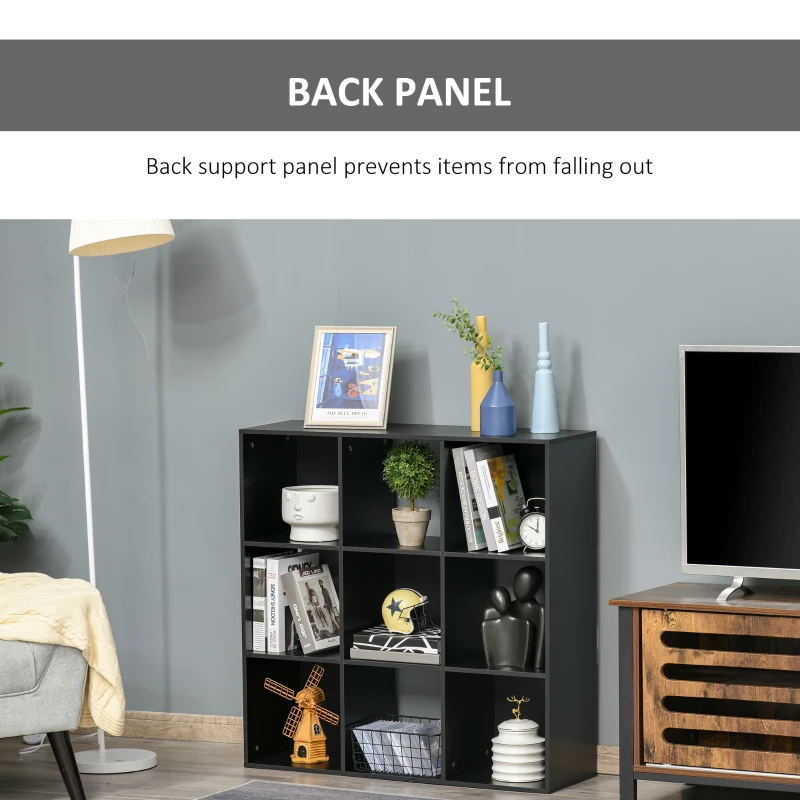 HOMCOM 3-tier 9 Cubes Storage Unit Particle Board Cupboard Bookcase Organiser Home Office Shelves, Black