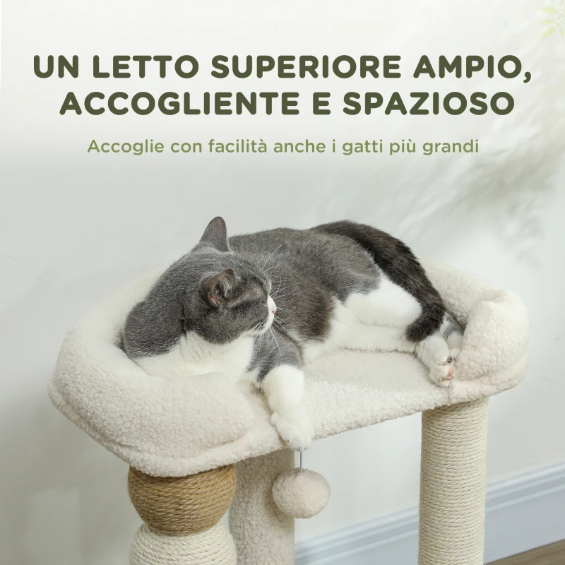 PawHut Torre per Gatti con Lettino, Piattaforma e Pallina Giocattolo, in Legno, Peluche e Iuta, 48.5x40x76 cm, Beige