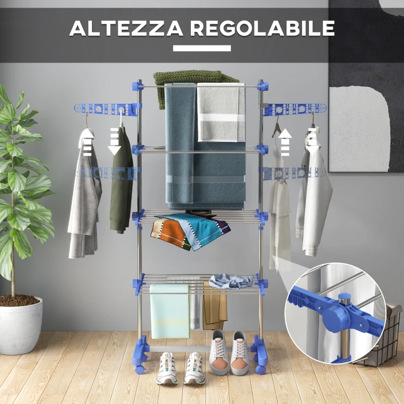 HOMCOM Stendino Verticale con 4 Ripiani Regolabili, in Acciaio e Plastica, 142x55x172 cm, Blu e Argento