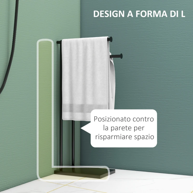 HOMCOM Porta Asciugamani Bagno da Terra Autoportante a 2 Bracci in Metallo, 35.5x20x78cm, Nero