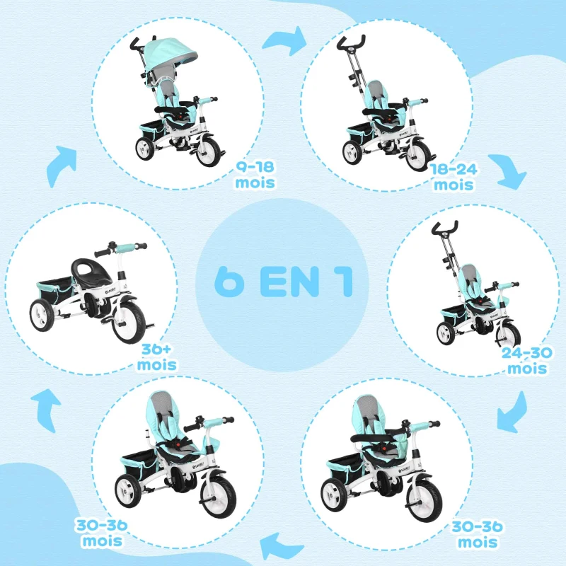 HOMCOM Tricycle 6 en 1 pour enfants, auvent, ceinture de sécurité 5 points, rangement, repose-pieds, frein, 1-5 ans, vert