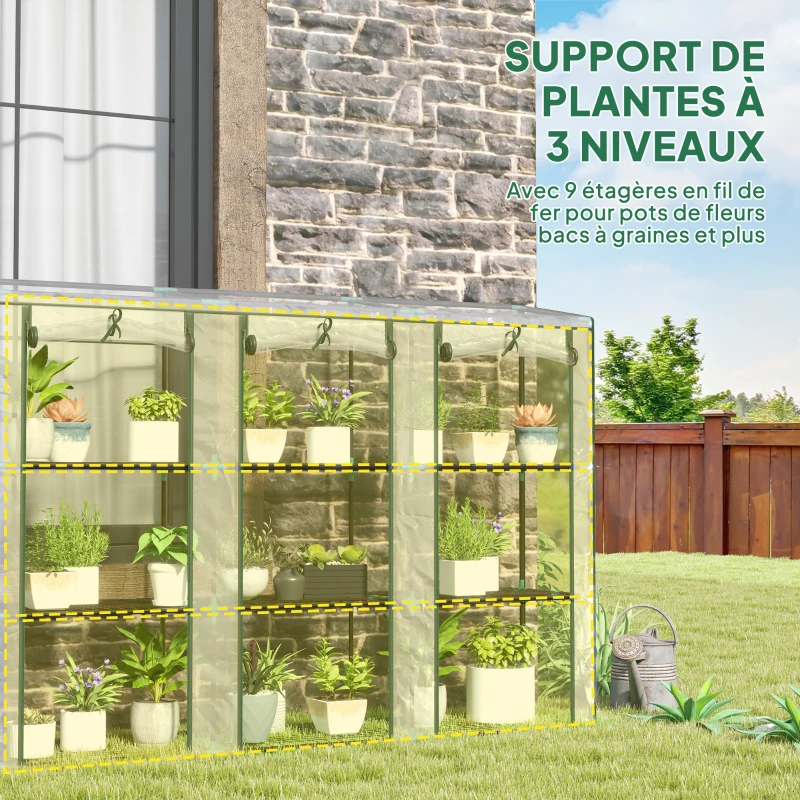 Outsunny Serre de jardin avec étagères à 3 niveaux serre de balcon 3 portes enroulables zippées 215 x 46 x 151 cm transparent