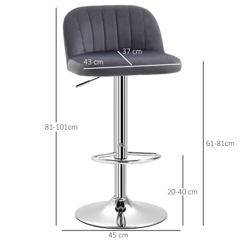 HOMCOM Lot de 2 tabourets de bar design contemporain avec repose-pieds hauteur réglable et pivotant - revêtement tissu effet velours - pied métal - gris