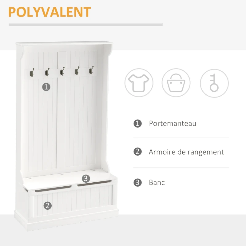 HOMCOM Meuble d'entrée avec banc porte manteaux 3 en 1 5 crochets banc de rangement pour salon couloir 96 x 34 x 179,7 cm crème