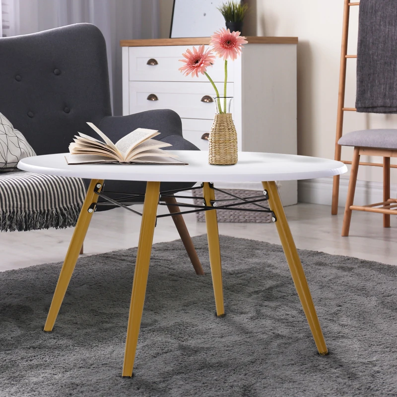HOMCOM Modern Round Coffee Tea Table White Side End Living Room Storage Unit With Metal Legs Scandinavian Chic