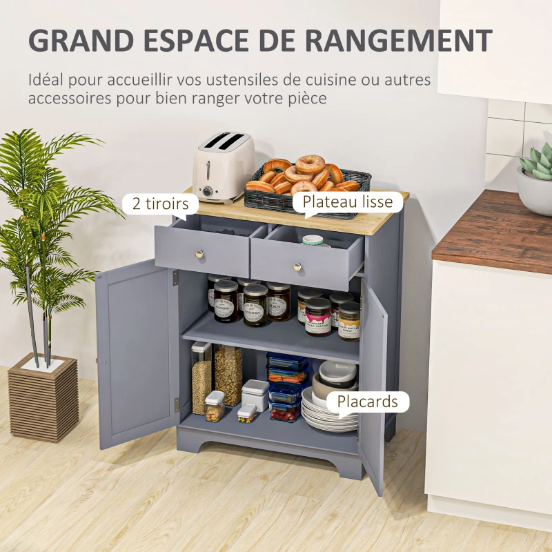 HOMCOM Meuble de rangement buffet salon avec placards, 2 tiroirs et étagères réglables, 68x40,3x85cm, gris et bois naturel
