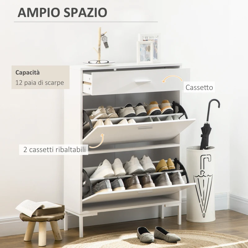 HOMCOM Mobile Scarpiera Moderno per 12 Paia di Scarpe con 2 Ante a Ribalta e Cassetto, 76x26x110 cm, Bianco