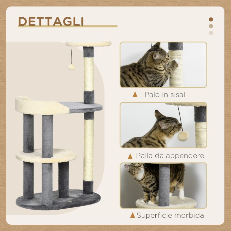 PawHut Albero Tiragraffi per Gatti a 3 Livelli con Pali in Sisal e Altezza 105cm, Grigio