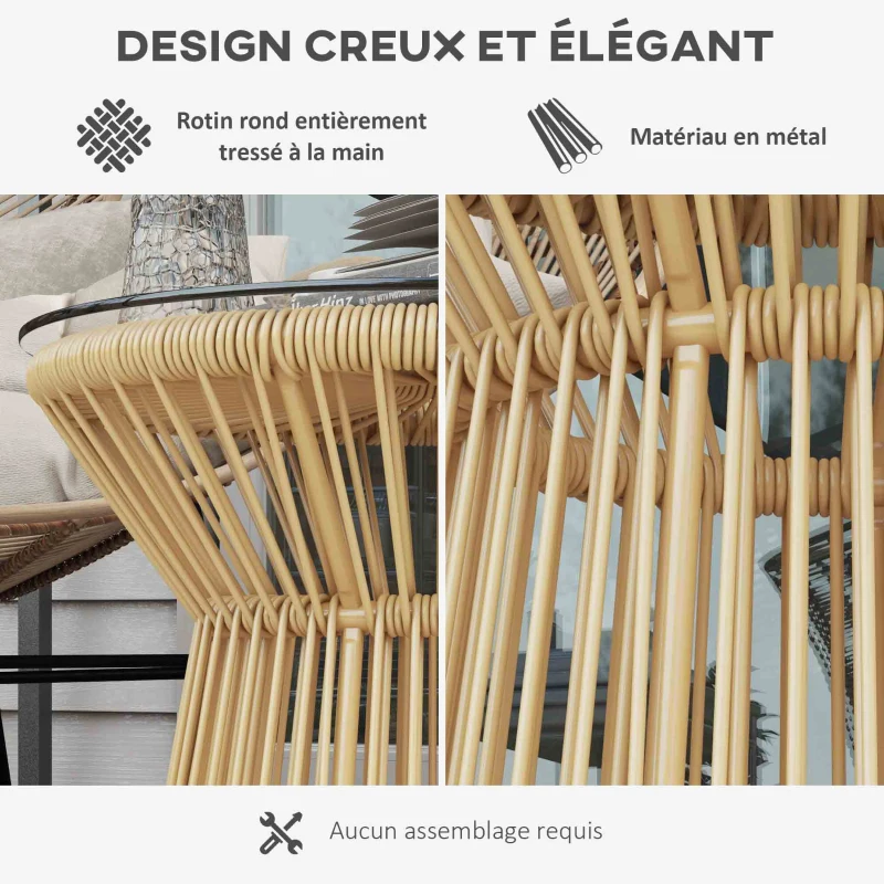 Outsunny Table de jardin ronde en résine tressée imitation rotin table de bistrot métal plateau verre trempé Ø 40 x 42 cm beige