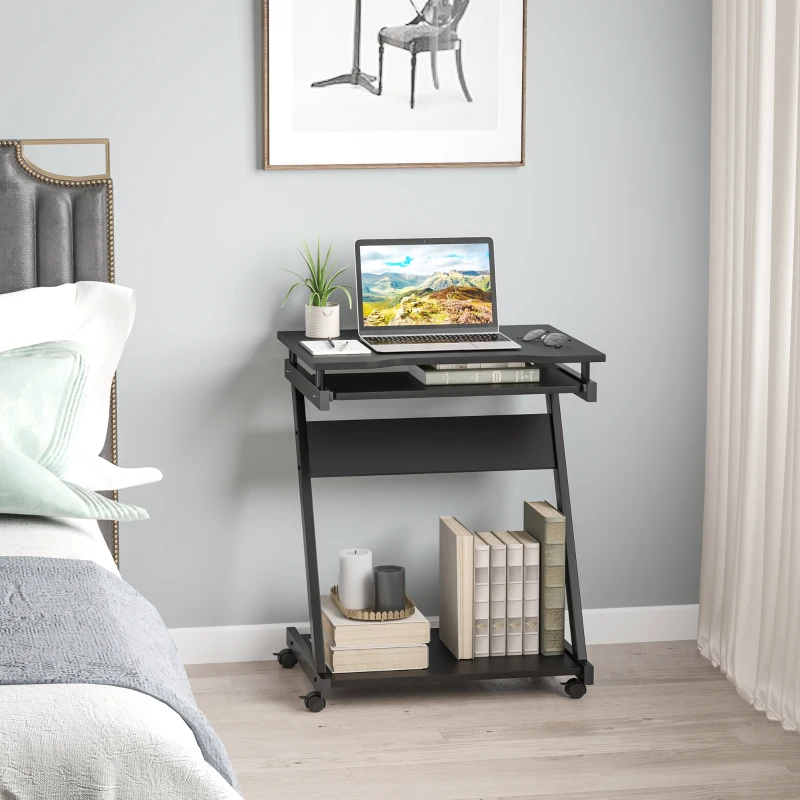 HOMCOM Scrivania Salvaspazio con Piano Tastiera a Scomparsa, 4 Ruote e Ripiano Inferiore, 60x48x73 cm, Nero