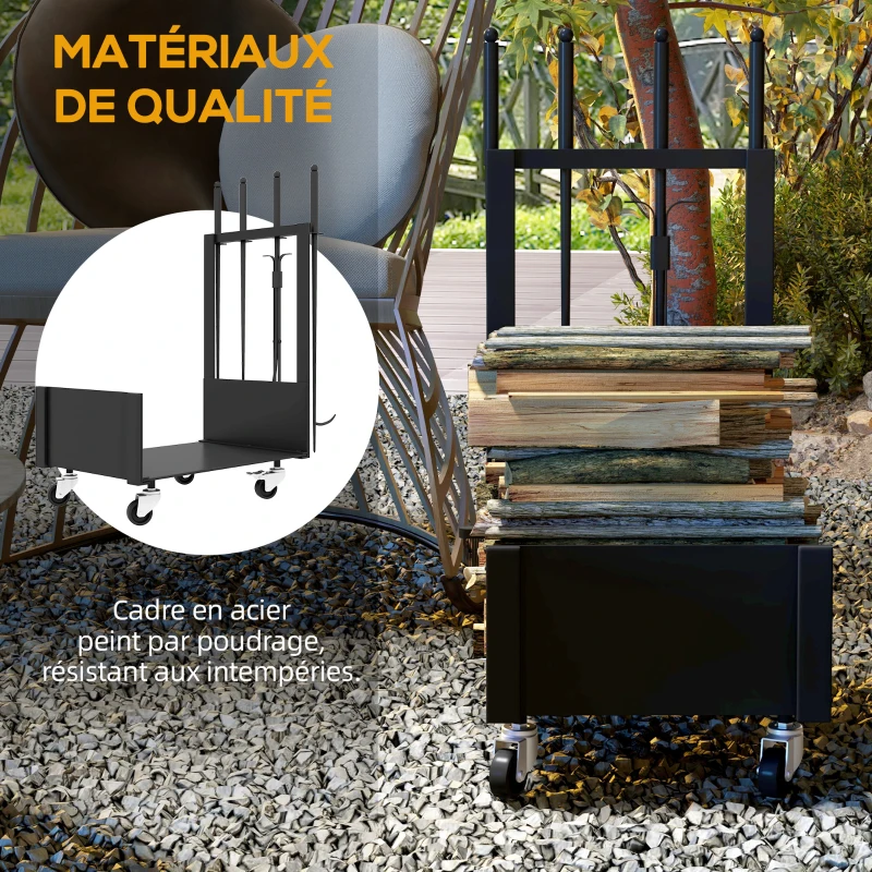 Outsunny Range-bûches porte-bûches avec roues pelle balai tisonnier pince pour intérieur 48l x 30P x 76H cm métal noir