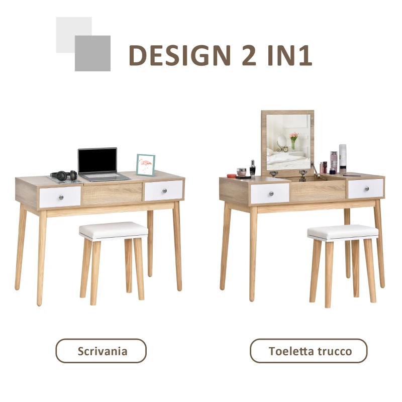 HOMCOM Tavolo da Trucco Moderno con Specchio Estraibile, Organizer Gioielli, 2 Cassetti e Sgabello, Color Legno