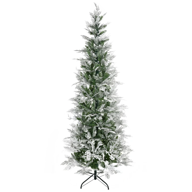 HOMCOM 7 Ft Pencil Snow Flocked Artificial Christmas Tree with Realistic Cypress Branches, Auto Open, Green