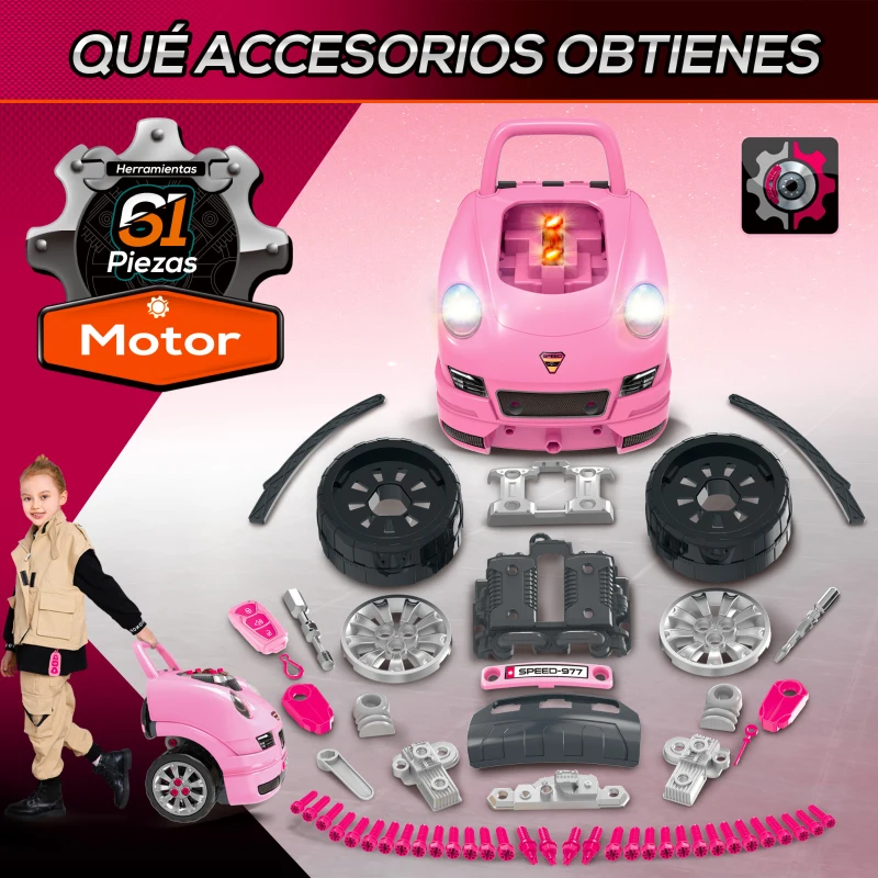 HOMCOM Juego Infantil de Motor con Herramientas 61 Piezas Volante Bocina Faros Caja de Almacenaje y Ruedas 40x39x47 cm Rosa