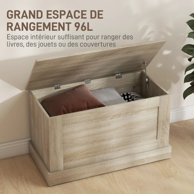 HOMCOM Coffre de rangement, coffre à jouets, avec charnière de sécurité, pour salon, en bois, 80 x 40 x 45 cm, bois naturel