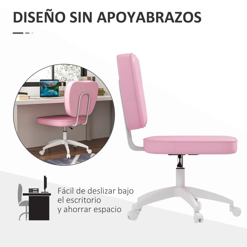 Vinsetto Silla de Oficina Giratoria Tapizada en PU con Altura Ajustable sin Brazos Carga 120 kg 46x59x82-92 cm Rosa