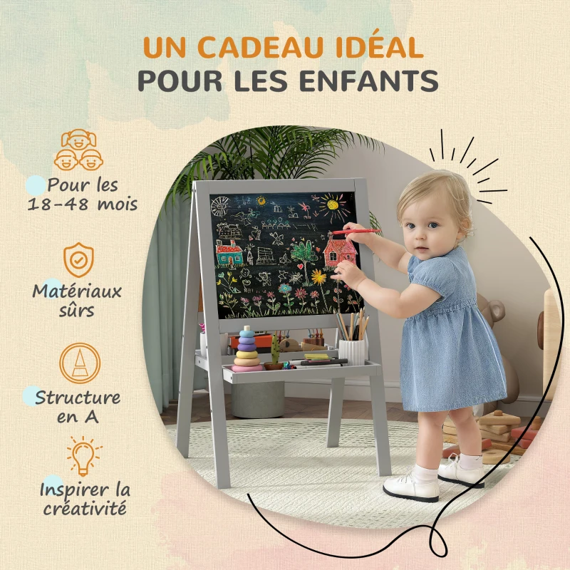 AIYAPLAY Chevalet enfant chevalet peinture enfant double face avec tableau blanc et tableau noir, étagères de rangement incluse
