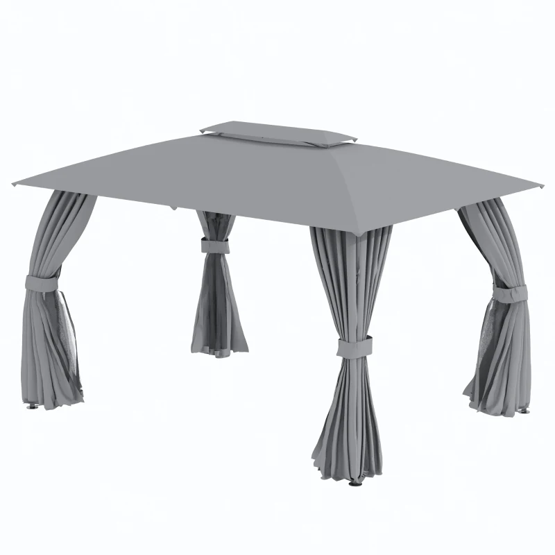 Outsunny Gazebo da Giardino 4x3m con Doppio Tettuccio, Pareti in Poliestere e Struttura in Acciaio, Grigio