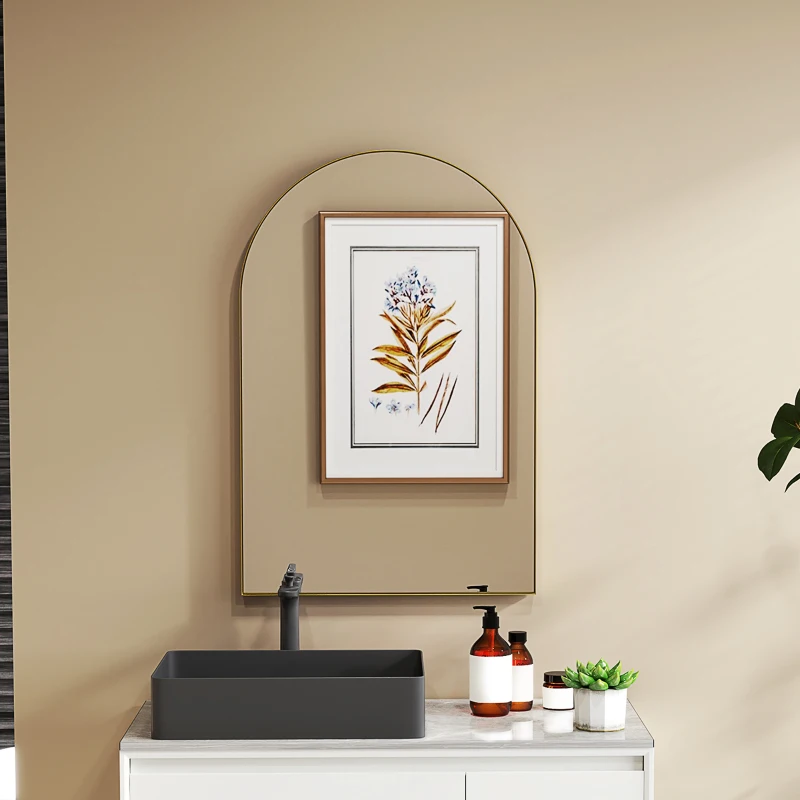 HOMCOM Miroir mural arqué miroir de salle de bain avec cadre en alliage d'aluminium pour chambre salon entrée 60 × 90 cm or