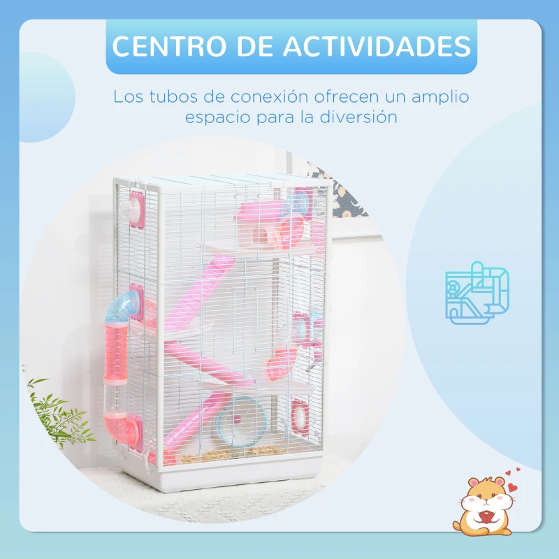 PawHut Jaula para Hámster con Tubos Jaula para Animales Pequeños con Bebedero Casita y Rueda de Ejercicio 47x29,5x76 cm Blanco