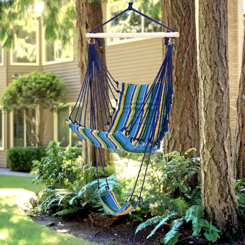 Outsunny Outdoor Hammock Hanging Rope Garden Yard Patio Swing Chair Seat Woodenwith Footrest Cotton Cloth Blue Stripe