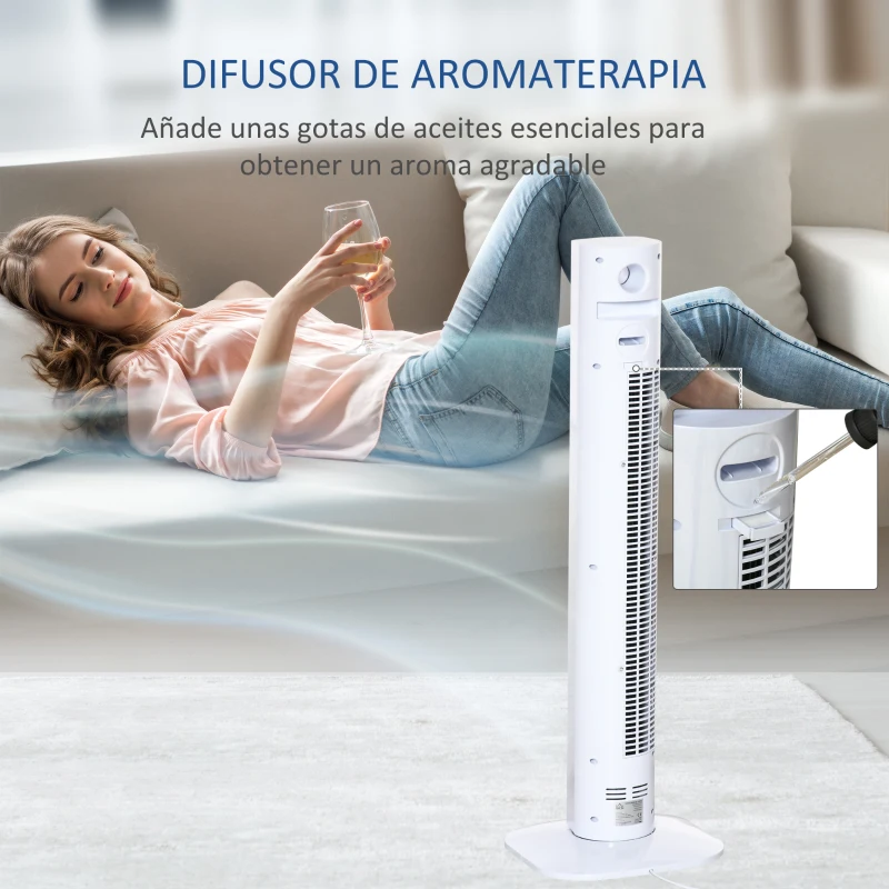 HOMCOM Ventilador de Torre Bajo Consumo 45W Silencioso con Caja de Aromas y Mando a Distancia 3 Velocidades 3 Modos Oscilación 70° Pantalla LED Táctil Temporizador 12h 31,5x31,5x96 cm Blanco