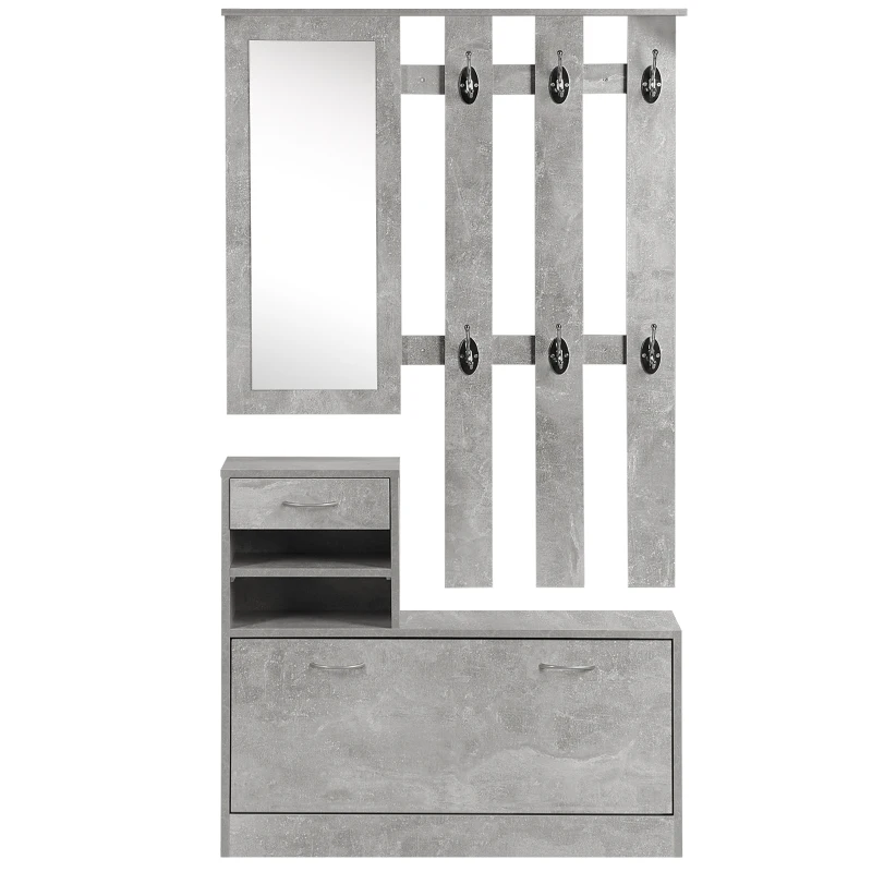 HOMCOM Ensembles 3 en 1 de meuble d'entrée vestiaire avec panneau porte-manteau, miroir et banc à chaussures - 6 crochets et étagère réglable, effet béton gris