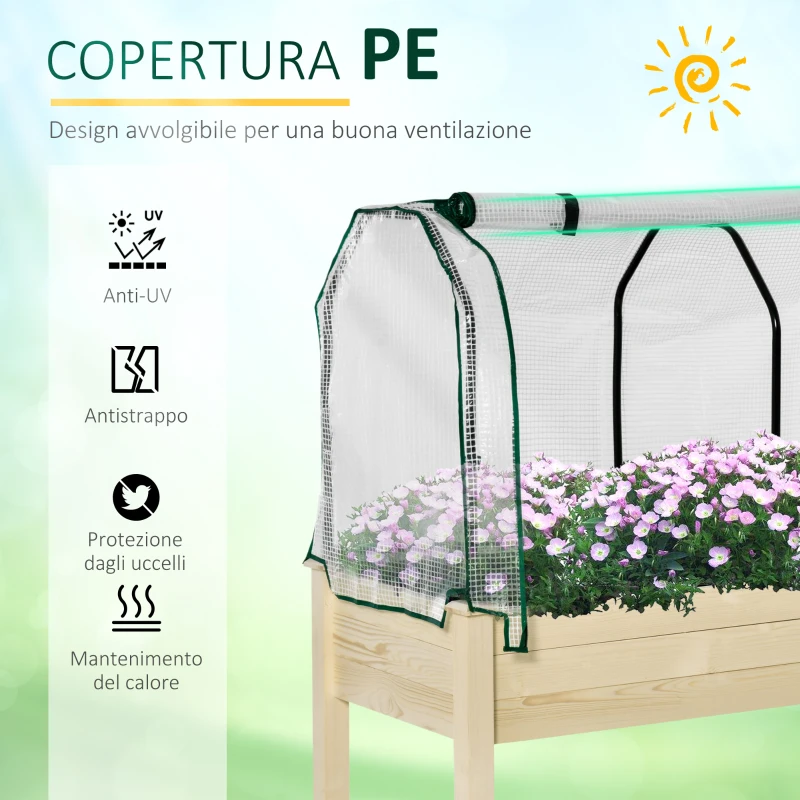 Outsunny Letto per Orto in Cassetta con Serra da Giardino, Portapiante da Esterno in Legno e PE per Fiori e Verdure, 121x55x117cm