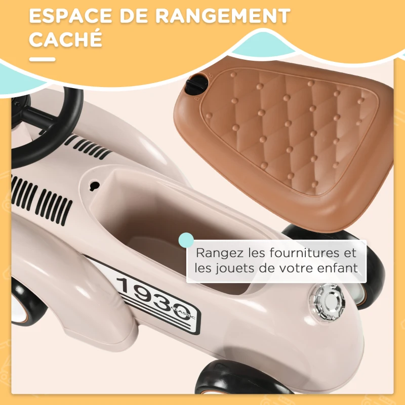 AIYAPLAY Porteur enfants voiture véhicule à pousser multi-équipée 12-36 mois coffre klaxon style vintage blanc crème(m-6)