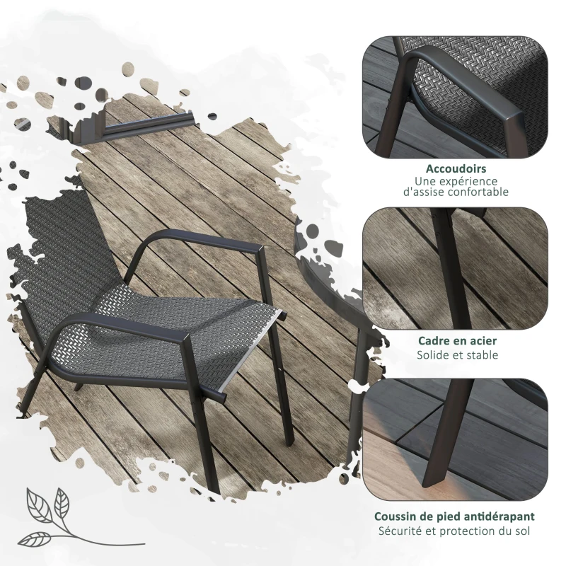 Outsunny Lot de 4 chaises de jardin empilables, fauteuil d'extérieur avec accoudoirs et revêtement en résine tressée effet rotin