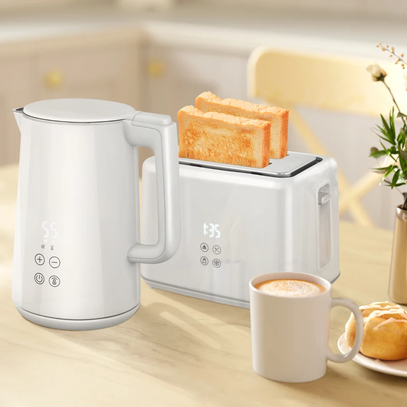 HOMCOM Polished Stainless Steel Kettle and Toaster Set - White