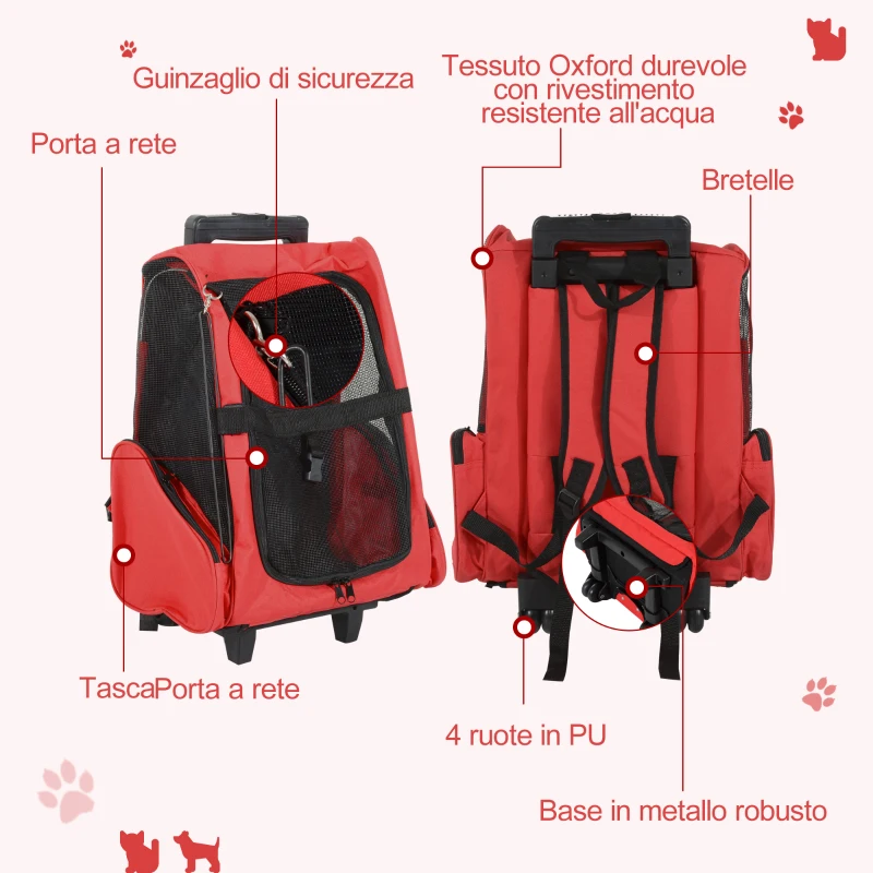 PawHut Trasportino Zaino 2 in 1 per Cani e Gatti con Tasche Laterali, Maniglia Telescopica e Ruote, 42x25x55cm, Rosso