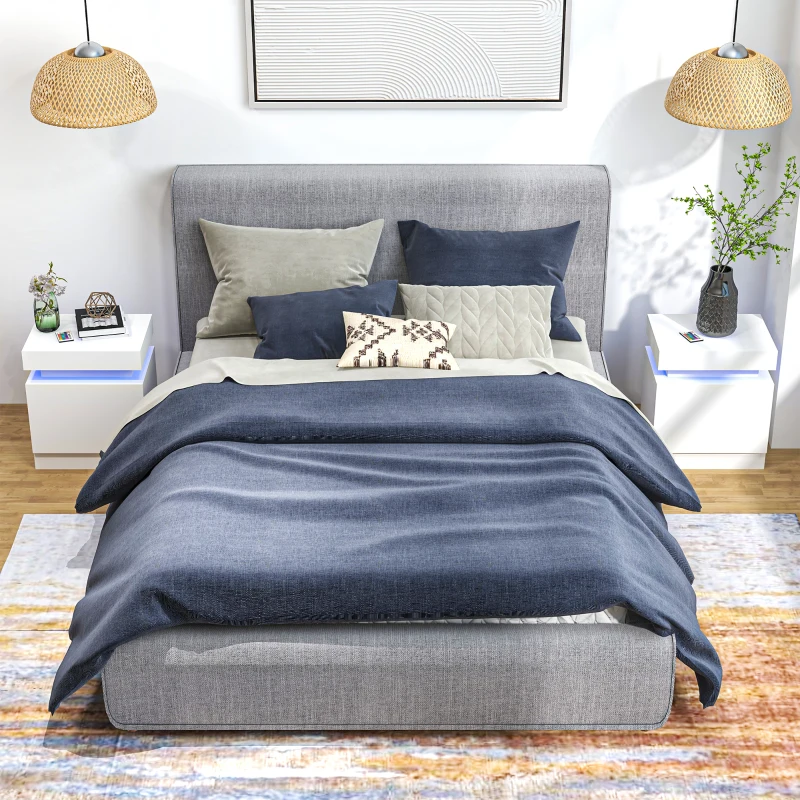 HOMCOM Set of 2 White Bedside Tables with LED Lights, High Gloss Front Nightstands with 4 Drawers