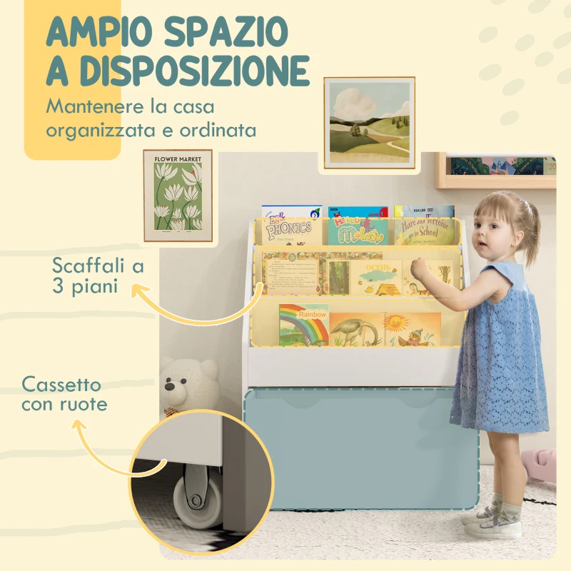AIYAPLAY Libreria per Bambini 3-8 Anni a 3 Ripiani con Cassetto Inferiore, in MDF, 62.5x30x70 cm, Bianco