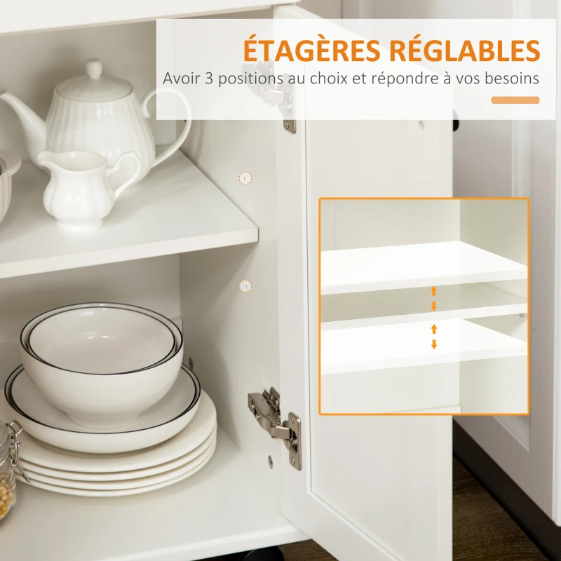 HOMCOM Desserte de cuisine à roulettes multi-rangements 1 tiroir 1 placard 1 portes-torchons blanc et plateau en bois