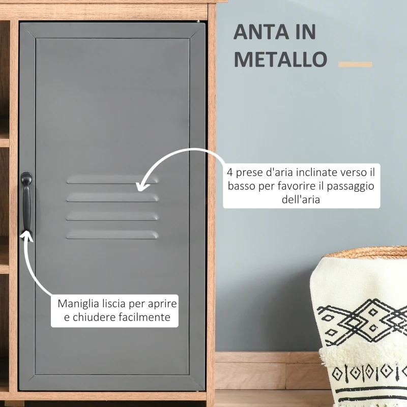HOMCOM Mobiletto Multiuso con Ripiani e Armadietto in Legno con Anta in Metallo, Mobile per Soggiorno e Cucina, 80x35x82cm, Marrone Grigio