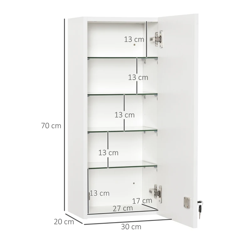 kleankin Armadietto Medicinali a Muro con Serratura, 5 Ripiani e Mensole Regolabili, in Legno e Vetro, Bianco, 30x20x70cm